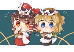  2girls animal_print apron ascot black_skirt black_vest blonde_hair blue_eyes bow bowl braid brown_hair chibi chibi_only chinese_zodiac chopsticks commentary_request cow_print detached_sleeves eating food frilled_bow frilled_hair_tubes frills green_bow hair_bow hair_tubes hakurei_reimu highres holding holding_bowl holding_chopsticks kirisame_marisa long_hair long_sleeves multiple_girls new_year noodles red_bow red_eyes red_skirt ribbon-trimmed_sleeves ribbon_trim side_braid signature single_braid sitting skirt skirt_set textless_version touhou uzuki_(amayadori) vest waist_apron white_apron white_bow year_of_the_ox yellow_ascot 