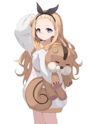  1girl absurdres ayaha_4780828 black_hairband blonde_hair blue_eyes commentary cowboy_shot forehead hair_pulled_back hair_ribbon hairband highres holding holding_stuffed_toy hood hood_down hoodie kurumi_(lycoris_recoil) long_hair long_sidelocks long_sleeves looking_at_viewer lycoris_recoil parted_lips ribbon sidelocks sleeves_past_fingers sleeves_past_wrists solo striped_background stuffed_animal stuffed_squirrel stuffed_toy two-tone_hoodie white_background white_hoodie yellow_hoodie 
