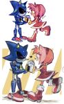 1boy 1girl 9474s0ul amy_rose animal_ears animal_nose boots bracelet commentary dress english_commentary full_body furry furry_female gloves green_eyes heart hetero highres holding_hands jewelry looking_at_another metal_sonic open_mouth red_dress red_footwear redrawn robot simple_background smile sonic_(series) standing tail white_background white_gloves