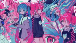  2girls ahoge alternate_costume aqua_eyes aqua_hair aqua_nails aqua_necktie bandage_on_cheek black_choker black_shorts black_skirt black_sweater choker collared_shirt complementary_colors double-parted_bangs drill_hair grey_jacket grey_shirt hair_between_eyes hatsune_miku headphones highres jacket jacket_partially_removed kasane_teto long_hair miwasiba multicolored_hair multiple_girls multiple_views necktie open_mouth pink_hair print_sweater red_eyes red_hair red_trim second-party_source shirt short_hair shorts skirt splatter string_choker suspender_skirt suspenders sweater thumbnail_collage twin_drills twintails two-tone_hair utau very_long_hair vocaloid white_shirt 