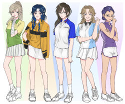 5girls ankle_socks arm_at_side arms_at_sides atobe_keigo bandaged_arm bandages black_trim blonde_hair blue_hair blue_shirt bob_cut border breasts brown_eyes brown_hair colorful_background commentary_request contrapposto contrast_collar curtained_hair dark-skinned_female dark_skin dolphin_shorts expressionless fingernails full_body genderswap genderswap_(mtf) glasses gradient_hair green_shirt grin hair_between_eyes hair_over_shoulder hair_slicked_back hand_on_own_arm hand_on_own_chin hand_on_own_hip hand_up headband high_collar high_ponytail highres jacket jacket_on_shoulders kite_eishiroh knees_together_feet_apart legs_apart lineup long_hair looking_at_viewer medium_breasts miniskirt mole mole_under_eye multicolored_hair multiple_girls parted_bangs parted_hair pink_lips polo_shirt ponytail purple_hair purple_shirt purple_trim rectangular_eyewear round_eyewear shiraishi_kuranosuke shirt shoes short_hair short_shorts short_sleeves shorts skirt sleeveless sleeveless_shirt smile smirk sneakers socks sportswear standing sweatband tennis_no_ouji-sama tennis_skirt tennis_uniform tezuka_kunimitsu track_jacket two-tone_shirt wavy_hair white_border white_headband white_shirt white_shoes white_shorts white_skirt x09cc yellow_jacket yellow_shirt yukimura_seiichi 