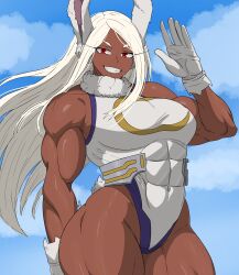  1girl abs absurdres animal_ears biceps blue_sky boku_no_hero_academia breasts clenched_teeth commentary dark-skinned_female dark_skin english_commentary gloves hamhamster25 highres large_breasts leotard long_eyelashes long_hair looking_at_viewer mirko muscular muscular_female parted_bangs rabbit_ears rabbit_girl rabbit_tail red_eyes salute sky smile solo tail teeth thick_thighs thighs very_long_hair white_hair white_leotard 