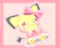 blush border bow bright_pupils commentary_request dress heart highres lolita_fashion looking_at_viewer no_humans orange_background pichu pink_border pink_bow pink_dress pokemon pokemon_(creature) pokemon_focus smile solo sweet_lolita wannyancina yellow_fur