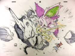  1boy baseball_cap blue_pants chase_(pokemon) claws clothed_pokemon commentary_request debris double_kick_(pokemon) dutch_angle eevee fighting hat highres horns kicking legs_apart motion_blur nidoran nidoran_(male) on_head onix open_mouth outstretched_arm pants pokemon pokemon:_let's_go_pikachu!_and_let's_go_eevee! pokemon_(creature) pokemon_battle pokemon_focus pokemon_move pokemon_on_head rock rock_throw_(pokemon) single_horn smile tooth traditional_media yasuda_shuuhei 