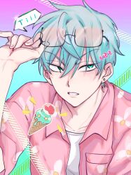  1boy absurdres adjusting_eyewear alien_stage alternate_costume aqua_eyes aqua_hair candy character_name chinese_commentary collared_shirt commentary_request earrings eyewear_on_head food hand_on_eyewear hawaiian_shirt highres ice_cream ice_cream_cone jewelry layered_shirt looking_up male_focus mayayizhizhangyu open_clothes open_shirt parted_lips pink_shirt shirt short_hair solo stud_earrings sunglasses till_(alien_stage) upturned_eyes very_short_hair white_shirt 