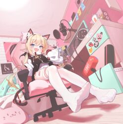  1girl absurdres animal_ear_fluff animal_ear_hairband animal_ears armband artist_request blonde_hair blue_eyes cat-shaped_pillow cat_ear_hairband cat_ears cat_tail chair commission computer cup desk disposable_cup dungeon_and_fighter earrings elf energy_drink english_text fake_animal_ears fake_tail fang gaming_chair hairband headphones highres jacket jewelry leotard leotard_under_clothes long_hair looking_at_viewer microphone monitor monster_energy multicolored_jacket musical_note oc_(atj7359) open_mouth original pointy_ears red_armband second-party_source skin_fang solo sticker sticky_note swivel_chair tail thigh-highs twintails two-tone_jacket user_interface very_long_hair white_leotard white_thighhighs 