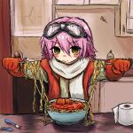  1girl bowl bubbacterial flcl food gloves goggles goggles_on_head haruhara_haruko highres jacket meatball paper_towel pasta pink_hair red_gloves red_jacket scarf sketch solo spaghetti spaghetti_and_meatballs tomato_sauce white_scarf yellow_eyes 