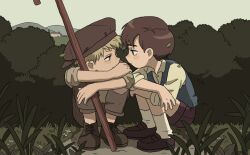  2boys ankle_socks aoomuke backwards_hat blonde_hair blue_eyes blue_vest brown_hair brown_hat brown_pants brown_shirt brown_shoes brown_shorts bush buttons cane child closed_mouth crossed_arms dress_shirt face-to-face flower full_body grass hand_on_own_elbow hat holding holding_cane loafers looking_at_another male_focus multiple_boys original outdoors pants patch patchwork_clothes shirt shoes short_hair shorts smile socks squatting sweater_vest three-quarter_sleeves turning_head vest white_flower white_shirt white_socks wing_collar 