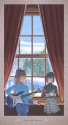  2girls :o aozaki_aoko black_eyes black_hair black_pantyhose black_sweater blue_sweater bob_cut border brown_hair casual closed_eyes clouds commentary_request cup curtains day denim electric_guitar fender_stratocaster guitar hair_intakes hair_ribbon hair_up highres holding holding_cup holding_instrument holding_plectrum indoors instrument jeans jewelry kuonji_alice leaning_back long_hair long_sleeves looking_at_another lryen mahou_tsukai_no_yoru multiple_girls necklace open_mouth pants pantyhose parted_lips plaid_clothes plaid_skirt playing_guitar playing_instrument plectrum ponytail ribbed_sweater ribbon short_hair signature skirt sky smile snow steam steaming_cup sweater sweater_tucked_in teacup torn_clothes torn_jeans torn_pants tree turtleneck turtleneck_sweater wide_shot window windowsill 