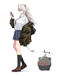  1girl absurdres alternate_costume animal_ears black_nails black_socks brown_shoes camouflage camouflage_jacket checkered_clothes checkered_skirt commentary_request creature from_side full_body fuse grey_hair hand_up highres hololive jacket lion_ears lion_girl lion_tail long_hair open_clothes open_jacket pleated_skirt school_uniform shirt shishiro_botan shoes simple_background skirt socks sound_effects sound_effects_only ssrb_(shishiro_botan) tail usukimibilly88 virtual_youtuber walking white_background white_shirt 