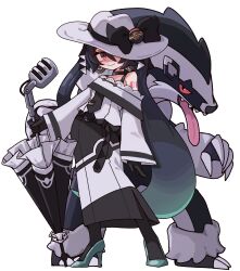  black_bow black_choker black_dress black_gloves black_hair black_necktie black_pantyhose blue_hair blue_shoes bow choker commentary_request dark_miku_(project_voltage) dress earrings full_body gloves gradient_hair hat hat_over_one_eye hatsune_miku high_heels highres holding holding_microphone_stand holding_umbrella jadea5124 jewelry korean_commentary long_hair long_sleeves looking_at_viewer luxury_ball microphone microphone_stand multicolored_dress multicolored_hair necktie obstagoon pantyhose poke_ball pokemon pokemon_(creature) project_voltage red_eyes shoes simple_background single_off_shoulder smile tongue tongue_out twintails umbrella uneven_twintails very_long_hair vocaloid white_background white_dress white_hat 