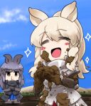 2girls armor aw_r0s black_hair black_rhinoceros_(kemono_friends) blonde_hair blood blue_sky blush_stickers brown_eyes chibi closed_eyes closed_mouth crossed_arms day dirty dirty_clothes dirty_face gauntlets hair_ears happy kemono_friends long_hair long_sleeves looking_at_another mud multiple_girls nosebleed open_mouth outdoors parted_bangs pauldrons shoulder_armor sky smile sparkle thigh-highs white_rhinoceros_(kemono_friends) 