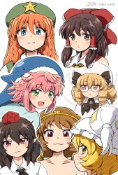  2026 6+girls :3 black_bow black_bowtie blonde_hair blue_eyes blush bow bowtie braid brown_hair circlet closed_mouth collared_shirt commentary_request frilled_hair_tubes frills frown glasses green_eyes green_hat hair_between_eyes hair_bow hair_tubes hakurei_reimu hat hat_ornament highres hong_meiling looking_at_viewer luna_child medium_hair multiple_drills multiple_girls okunoda_miyoi orange_hair pink_hair pointy_ears profile red_bow red_eyes red_hat shameimaru_aya shirosato shirt short_hair side_braids sidelocks sideways_glance sideways_mouth smile son_biten star_(symbol) star_hat_ornament tokin_hat touhou touhou_22nd_popularity_poll whale_hat white_background white_hat white_shirt yakumo_ran yellow_eyes 