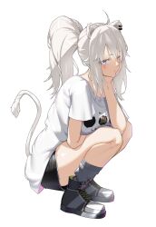  1girl animal_ears black_shorts blush breasts commentary_request from_side full_body grey_eyes grey_hair grey_socks hand_on_own_cheek hand_on_own_face highres hololive large_breasts lion_ears lion_girl lion_tail one_eye_closed ponytail shirt shishiro_botan shishiro_botan_(midnight_convenience_store) shoes shorts sneakers socks solo squatting tail tamamoice thighs virtual_youtuber white_shirt 