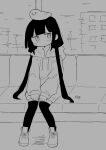 1girl absurdres animal_on_head bird bird_on_head blunt_bangs building closed_mouth commentary_request expressionless full_body greyscale hands_on_lap head_tilt highres hood hood_down hoodie jitome lag_train_(vocaloid) light_blush long_sleeves looking_at_viewer low_twintails meme monochrome motion_blur on_head osage_(inabakumori) richard_(richaball) sanpaku shoes sitting solo tearing_up thigh-highs ticket train_interior twintails vocaloid