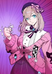  1girl beret blonde_hair blue_eyes bow breaking clenched_hand closed_mouth club_(shape) commentary_request diamond_(shape) emphasis_lines eyelashes fingernails hair_bow hair_ornament hairclip hat heart highres jacket long_hair long_sleeves nijisanji nuy_141 pink_bow pink_jacket purple_background purple_bow purple_hat purple_skirt shirt skirt solo spade_(shape) star_(symbol) suzuhara_lulu suzuhara_lulu_(1st_costume) virtual_youtuber white_shirt 