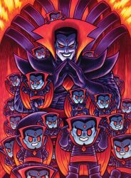  6+boys angry armor belt black_armor black_bodysuit black_boots black_cape black_gloves black_hair black_lips bodysuit boots cape chest_jewel chibi climbing clone collared_cape crossed_arms dan_hipp dual_persona english_commentary evil_smile furrowed_brow gem gem_in_body gem_on_head gloves halftone halftone_background hand_on_another's_shoulder highres magic:_the_gathering marvel mister_sinister multiple_boys orange_background own_hands_clasped own_hands_together pauldrons red_background red_belt red_bodysuit red_cape red_eyes red_gem short_hair shoulder_armor smile solid_eyes standing_on_another's_legs too_many_clones two-tone_background two-tone_cape x-men 