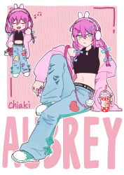  1girl absurdres alternate_hairstyle animal_ear_headphones animal_ears aubrey_(birthday)_(omori) aubrey_(faraway)_(omori) aubrey_(omori) bag bag_charm blue_bow blue_eyes blue_pants blush bow braid character_charm charm_(object) chiaki143 chibi chinese_commentary closed_eyes closed_mouth commentary_request crop_top cup cupcake_bunny_(omori) denim disposable_cup double-parted_bangs drinking_straw fake_animal_ears forest_bunny_(omori) full_body hair_between_eyes hair_bow hair_ornament hairclip handbag headphones highres holding holding_cup invisible_chair jacket jeans knee_up long_sleeves looking_at_viewer low_twin_braids musical_note navel omori open_clothes open_jacket open_mouth pants pink_hair pink_jacket rabbit_ear_headphones rabbit_ears red_bag shoes sidelocks sitting smile sneakers solo torn_clothes torn_jeans torn_pants twin_braids 