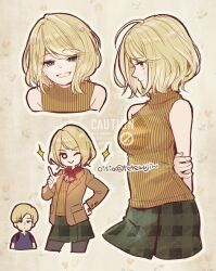  1boy 1girl arms_behind_back ashley_graham bare_shoulders black_pantyhose blonde_hair blue_shirt breasts brown_jacket commentary cowboy_shot cropped_legs green_skirt grin hand_on_own_hip highres jacket leon_s._kennedy medium_breasts miniskirt multiple_views neckerchief oisiso one_eye_closed orange_sweater pantyhose plaid_clothes plaid_skirt pointing pointing_up red_neckerchief resident_evil resident_evil_4 resident_evil_4_(remake) ribbed_sweater shirt short_hair skirt sleeveless sleeveless_turtleneck smile sparkle sweater swept_bangs teeth turtleneck twitter_username 