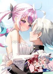  1boy 3girls ahoge animal_ears apron aqua_hair armband bare_shoulders black_suit black_wrist_cuffs blue_dress blue_ribbon blue_sky blush braid breasts chibi chibi_inset closed_mouth colored_inner_hair commentary_request crying curly_hair day dress elbow_gloves faubynet fox_ears fox_girl fox_tail gloves hair_ribbon highres hololive houshou_marine large_breasts long_hair looking_at_another maid_headdress minato_aqua multicolored_hair multiple_girls pink_eyes pink_hair red_armband red_dress red_eyes red_ribbon ribbon shirakami_fubuki sky smile streaked_hair suit tail twintails two-tone_hair virtual_youtuber waist_apron wedding_dress white_apron white_dress white_gloves white_hair white_tail wrist_cuffs 