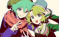  :d aqua_eyes aqua_hair beanie bucket_hat chinese_commentary collar commentary_request curtained_hair double-parted_bangs double_v film_grain green_eyes green_hair green_hat green_shirt grin hair_between_eyes hand_up hat highres hiyori_sou jacket kimi_ga_shine kizuchi_kanna leaning_forward looking_at_viewer neckerchief parted_bangs pink_neckerchief polka_dot polka_dot_scarf purple_jacket red_scarf sailor_collar scarf school_uniform serafuku shirt short_hair_with_long_locks simple_background sleeves_past_wrists smile teeth unmoving_pattern upper_body upper_teeth_only v white_sailor_collar yellow_background zijunqvq 