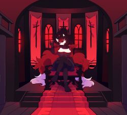  1girl absurdres alcohol architecture black_hair breasts cup dreamalgia drink drinking_glass fangs fox_girl furry gothic_architecture highres multiple_tails original red_fur solo tail teeth thick_thighs thighs throne throne_room vampire wine wine_glass wings 