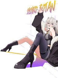  1girl absurdres against_wall animal_ears arm_up blush boots character_name commentary_request fangs from_side full_body fur-trimmed_jacket fur_trim grey_eyes grey_hair high_heel_boots high_heels highres hololive jacket lion_ears lion_girl long_hair looking_at_viewer open_clothes open_jacket open_mouth pantyhose shirt shishiro_botan shishiro_botan_(1st_costume) shorts single_leg_pantyhose sitting sleeveless sleeveless_shirt solo spread_legs thigh_strap torn_clothes torn_pantyhose usukimibilly88 virtual_youtuber waving white_background 