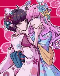  2girls absurdres animal_ear_headphones animal_ears aroma_white asakura_neko black_eyes black_hair blue_eyes blue_kimono blue_sash bracelet cat_ear_headphones cat_ears chinese_commentary chongtiansangdashenglio commentary_request couple cytus cytus_ii face_squeeze fake_animal_ears floating_headgear hair_ornament headgear headphones highres japanese_clothes jewelry kimono long_hair looking_at_viewer multiple_girls nontraditional_miko pink_hair red_background ribbon-trimmed_sleeves ribbon_trim sash shawl short_hair white_kimono yellow_shawl 