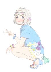  1girl absurdres blue_eyes blue_nails blue_shirt blue_shoes blush bracelet commentary_request eyewear_on_head full_body gakuen_idolmaster green_nails grey_hair hawaiian_shirt highres idolmaster jewelry karakaze_(krkz_37) katsuragi_lilja multicolored_nails nail_polish open_mouth red_nails shirt shoes short_hair short_sleeves shorts simple_background solo squatting teeth toenail_polish toenails upper_teeth_only v white_background white_shorts 