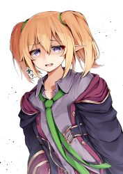  1girl absurdres black_jacket blonde_hair chloe_(princess_connect!) collared_shirt commentary_request elf green_necktie grey_shirt highres jacket long_sleeves looking_at_viewer necktie open_clothes open_jacket open_mouth pointy_ears princess_connect! se-u-ra shirt short_hair short_twintails simple_background solo twintails upper_body violet_eyes white_background 