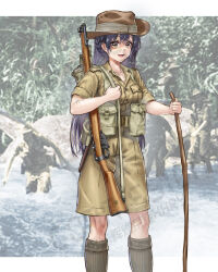 1girl 3boys black_hair bolt_action brown_shirt cropped_legs english_commentary girls_frontline gun gun_sling highres huihuang_rongyao kneehighs lee-enfield lewis_(girls'_frontline) long_hair looking_at_viewer multiple_boys photo_background rifle shirt short_hair socks solo_focus three-quarter_sleeves very_long_hair weapon weapon_on_back world_war_ii 