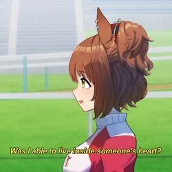  1girl animal_ears aston_machan_(umamusume) blurry blurry_background blush breasts brown_hair commentary crown day drunkyapsession english_commentary english_text from_side grass green_eyes gym_uniform highres horse_ears horse_girl horse_racing_track jacket large_breasts long_sleeves looking_to_the_side medium_hair mini_crown one_side_up open_mouth outdoors red_jacket red_track_suit smile solo stairs tilted_headwear tracen_training_uniform track_jacket track_suit umamusume upper_body 