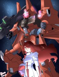  1girl 2025 beam_cannon commentary_request crossover dated earth_federation english_commentary glowing gundam gundam_unicorn helmet holding holding_unworn_helmet kaen_(yoltablaze) kirijou_mitsuru long_hair looking_at_viewer mecha mecha_pilot_suit mobile_suit nebula persona persona_3 purple_assault_visor red_eyes red_hair rezel robot science_fiction signature space star_(sky) unworn_headwear unworn_helmet 