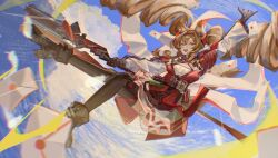  1girl absurdres angelina_(arknights) angelina_the_mellow_wish_(arknights) animal_ear_fluff animal_ears arknights black_boots black_collar black_gloves black_hairband black_thighhighs boots brown_hair collar commentary dress drill_hair earpiece envelope fox_ears fox_girl fox_tail gloves hairband high_up highres infection_monitor_(arknights) long_hair looking_at_viewer mikkan multicolored_hairband open_mouth red_dress red_eyes red_hairband smile solo staff_riding tail thigh-highs twintails two-tone_hairband white_dress 