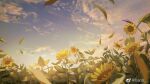  artist_name clouds falling_leaves flower flower_focus hano_1219 leaf nature no_humans original scenery signature sky wind yellow_flower 