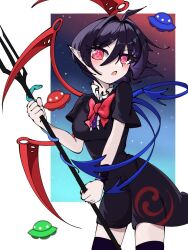  1girl ahoge asymmetrical_wings black_dress black_hair black_thighhighs blue_wings blush bow bowtie breasts center_frills commentary_request cowboy_shot dress frills hair_between_eyes hair_intakes houjuu_nue looking_at_viewer open_mouth polearm red_bow red_bowtie red_eyes red_wings short_hair solo star_(sky) thigh-highs touhou trident ufo weapon wings wristband zx10409 