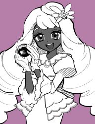  1girl :d commentary_request dark-skinned_female dark_skin dress eyelashes hands_up happy highres holding holding_poke_ball jacinthe_(pokemon) korean_commentary long_hair luxury_ball open_mouth poke_ball pokemon pokemon_legends:_z-a puffy_sleeves purple_background smile solo teeth tilted_headwear ufo_sw upper_teeth_only white_dress white_hair 
