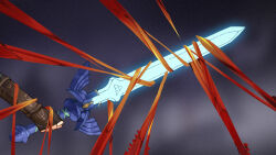  1boy absurdres black_gloves blurry blurry_background commentary fangs_(pixiv_54198849) fingerless_gloves gloves glowing glowing_sword glowing_weapon grey_background highres holding holding_sword holding_weapon link master_sword red_ribbon restrained ribbon solo sword the_legend_of_zelda the_legend_of_zelda:_tears_of_the_kingdom triforce vambraces weapon weapon_focus 