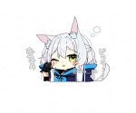  1girl animal_ear_fluff animal_ears arknights artist_name black_gloves blush blush_stickers bracelet cat_ears cat_girl cat_tail cropped_torso fingerless_gloves gloves green_eyes grey_hair hair_between_eyes infection_monitor_(arknights) itsuki_02 jewelry nose_blush one_eye_closed rosmontis_(arknights) simple_background solo tail translation_request twitter_username white_background 