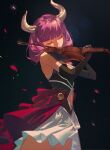  1girl aura_(sousou_no_frieren) black_corset black_gloves blunt_bangs bow_(music) braid cape close-up closed_eyes clothing_cutout commentary_request corset dark_background demon_girl demon_horns elbow_gloves falling_petals gloves holding holding_bow_(music) holding_instrument holding_violin horns instrument long_hair low-braided_long_hair multiple_braids music navel_cutout petals playing_instrument purple_hair red_cape skirt solo sousou_no_frieren tss-mire violin waist_cape white_skirt 