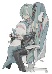  1girl absurdres aqua_eyes aqua_hair aqua_necktie bare_shoulders black_sleeves black_thighhighs chair closed_mouth collared_shirt controller cropped_legs detached_sleeves fukaba_yoh game_controller gaming_chair grey_shirt hair_between_eyes hair_ornament hatsune_miku headset highres holding holding_controller holding_game_controller ikea_shark long_hair necktie number_tattoo shirt shoulder_tattoo simple_background sleeveless sleeveless_shirt solo stuffed_animal stuffed_shark stuffed_toy swivel_chair tattoo thigh-highs twintails very_long_hair vocaloid white_background wide_sleeves wing_collar zettai_ryouiki 