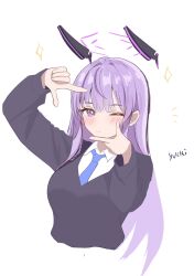  1girl black_sweater blue_archive blue_necktie blush breasts collared_shirt cropped_torso finger_frame floating_headgear headgear highres large_breasts long_hair long_sleeves looking_at_viewer necktie one_eye_closed purple_hair shirt signature smile sparkle sweater utaha_(blue_archive) very_long_hair violet_eyes white_background white_shirt yukki83130530 
