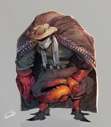  1boy absurdres arthropod_boy belt black_belt black_boots boots brown_shorts cape commentary crab_boy english_commentary extra_legs eyes_visible_through_headwear full_body grey_background hat highres invisible_floor long_sleeves monster_boy original pincers scarf scarf_over_mouth shorts signature simple_background solo spindle_(aidenr0) standing 
