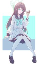  1girl absurdres airi_(blue_archive) black_sailor_collar blue_archive bow bowtie brown_hair commentary_request crepe food full_body green_bow green_bowtie green_eyes green_halo halo highres holding holding_crepe holding_food huakaifugui_(xiachongyinmeng) ice_cream_crepe loafers long_hair long_sleeves looking_at_viewer sailor_collar school_uniform serafuku shoes sitting skirt solo thigh-highs white_serafuku white_skirt white_thighhighs 