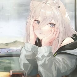  1girl absurdres animal_ear_fluff animal_ears blurry blurry_background blush building cafe coffee coffee_mug commentary_request cup day elbows_on_table from_side grey_eyes grey_hair grey_jacket grey_sky hand_on_own_cheek hand_on_own_face highres hololive indoors jacket lion_ears lion_girl long_hair looking_at_viewer mountainous_horizon mug rain shishiro_botan sitting sky smile solo steam upper_body virtual_youtuber window wool1997 