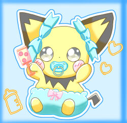  baby baby_bottle blue_background blue_border blush border bottle bow bright_pupils commentary_request diaper green_bow heart highres holding holding_rattle looking_at_viewer no_humans pacifier pichu pink_bow pokemon pokemon_(creature) pokemon_focus rattle simple_background solo wannyancina yellow_fur 