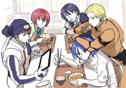  2girls 3boys aeug amate_yuzuriha amuro_ray blonde_hair blue_hair brown_hair char's_counterattack char_aznable commentary_request earth_federation earth_federation_space_forces gundam gundam_gquuuuuux hat highres mecha_pilot_suit mobile_suit mos_77_lov multiple_boys multiple_girls neo_zeon normal_suit_(gundam) nyaan_(gundam_gquuuuuux) red_hair shuji_ito spacesuit table 