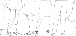  6+girls greyscale highres lineart lineup loafers lower_body monochrome multiple_girls original pants pleated_skirt shoes simple_background skirt socks sogogoaart standing thigh-highs white_background 