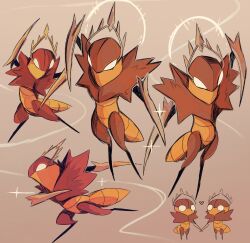  2boys armor arthropod_boy arthropod_limbs blank_eyes brown_armor brown_background cogwork_dancers_(hollow_knight) colored_skin crown fighting_stance glowing glowing_eyes gradient_background grey_armor grey_background heart highres holding_hands hollow_knight hollow_knight:_silksong looking_at_another looking_to_the_side mantis_boy metal_skin miikrowelle multiple_boys orange_skin robot running silver_crown sparkle spiked_crown striped_background white_eyes 