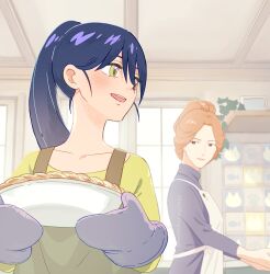  2girls apron baking collarbone commentary_request food gundam gundam_gquuuuuux hair_bun holding holding_food indoors kitchen kycilia_zabi long_sleeves looking_at_another multiple_girls nemokenogonge nyaan_(gundam_gquuuuuux) open_mouth orange_hair oven_mitts pie ponytail purple_hair shirt white_apron yellow_eyes yellow_shirt 